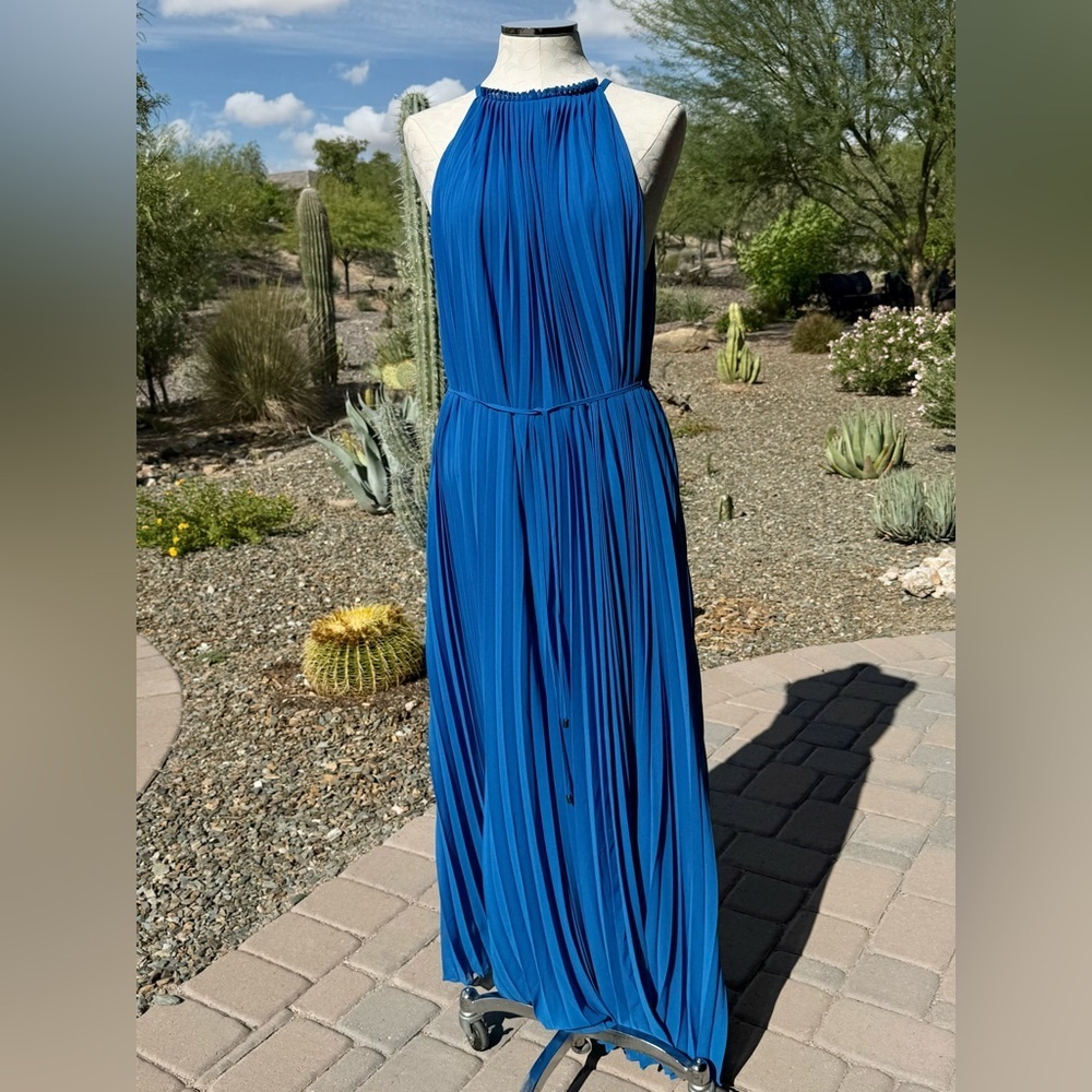 NWT Ted Baker London Helyos Blue Halter Neck Pleated Maxi Dress Sz Ted 5 US 12 - Picture 4 of 11